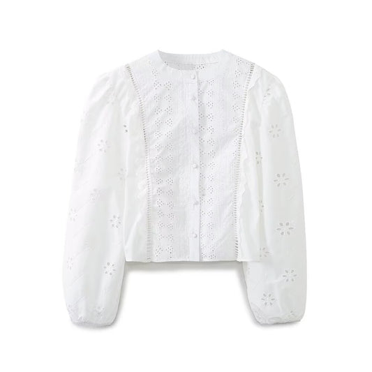 Fashion solid color round neck embroidered shirt top for women
