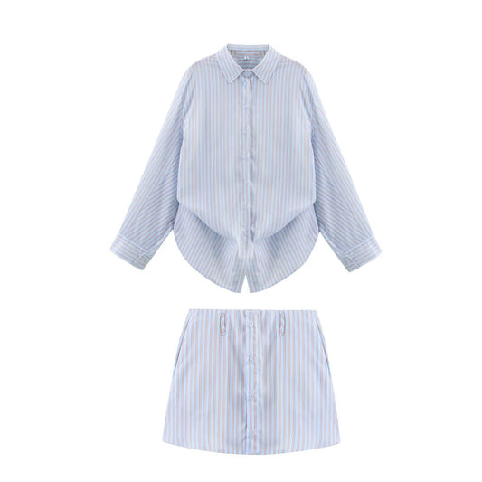 Fashion striped loose poplin shirt+shorts set for women