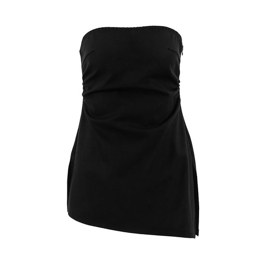 Black cotton and linen strapless top for women sleeveless waist cinched vest