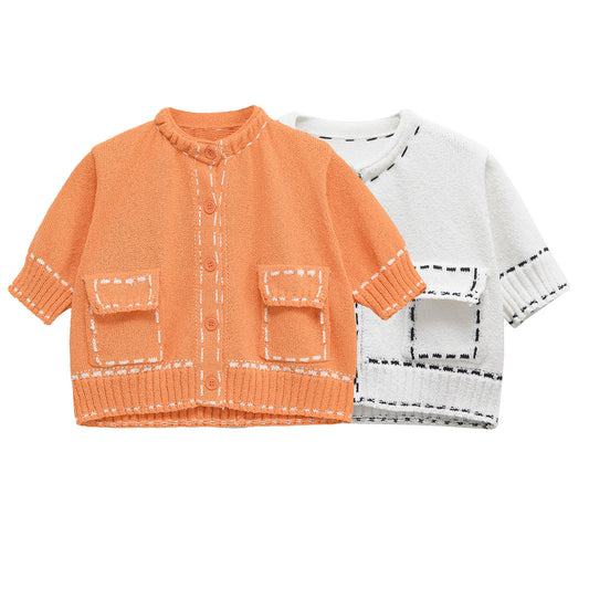 Fashion stitching short sleeved knitted jacket for women