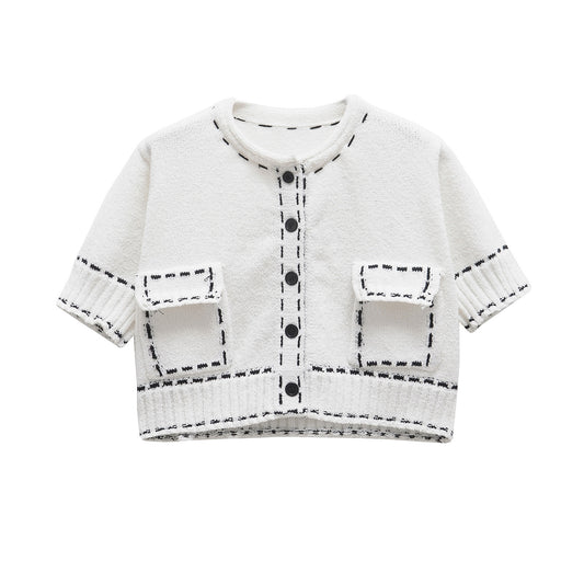 Fashion stitching short sleeved knitted jacket for women