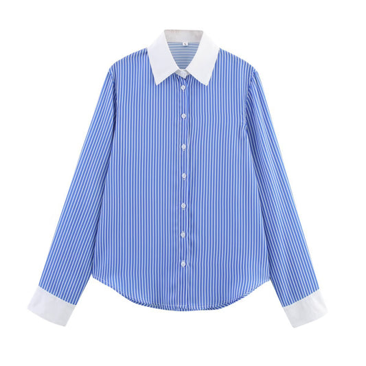 Fashion single breasted striped blended long sleeved shirt for women