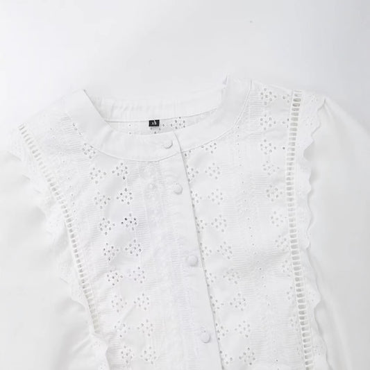 Fashion solid color round neck embroidered shirt top for women