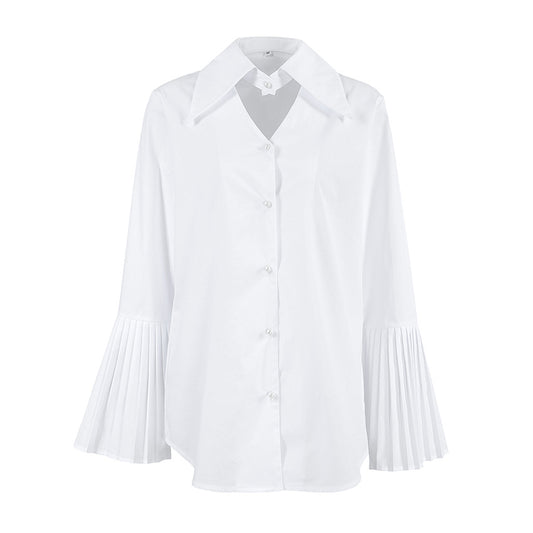Pleated flared sleeve shirt for women pure cotton white shirt