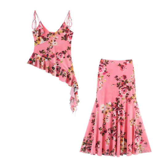 Fashion printed silk mesh camisole top+long skirt set for women