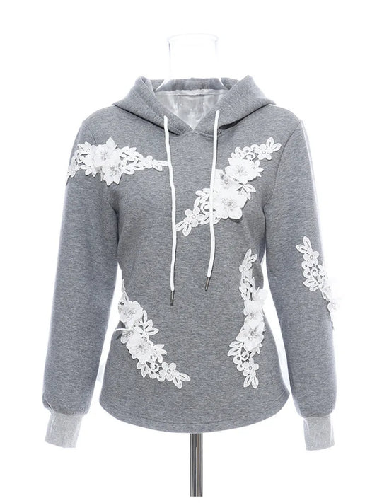 Fashion Women's Hoodies Hooded Contract Color Lace Patchwork Long Sleeves Gray Sweatshirt Autumn
