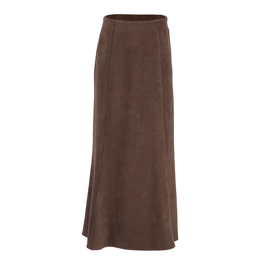 Earth brown suede half skirt for women high waist and velvet A-line long skirt