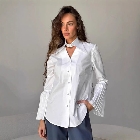 Pleated flared sleeve shirt for women pure cotton white shirt